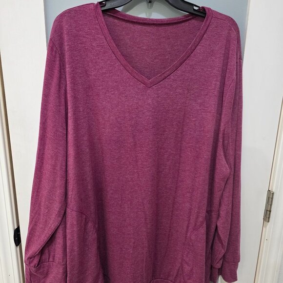 Tops - Plus Size 2X Burgundy V-Neck Long Sleeve T-Shirt Blouse Knit Swing Top Pockets